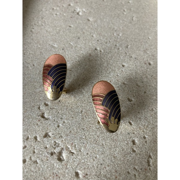 Pink Republic Jewelry - Vintage Gold Tone Cloisonne Enamel Earrings Pierced Omega Back Pink Purple Oval